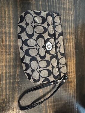 Coach Black and Tan Signature Canvas Wristlet with Leather Strap